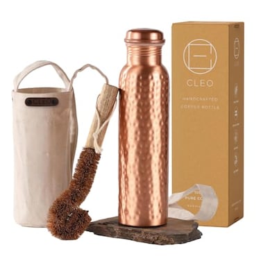 AVA DESIGNZ CLEO HOME 100 Pure Copper Water Bottle for Drinking 32 Oz Large Hammered Ayurvedic Copper Bottle with Canvas Bag Cleaning Brush LeakProof Water Vessel