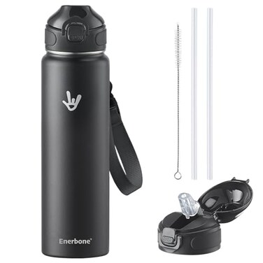 Enerbone 32 oz Insulated Water Bottle Stainless Steel Bottle with Carrying Strap DoubleWall Vacuum Insulation Design Leakproof Sports Bottle with Straw Keep Drinks Cold or Hot for Hours