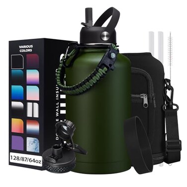 DIGJUPER 64oz Insulated Water Bottle with Straw Auto Spout Lid Cold 48H Hot 24H Half Gallon Stainless Steel Water Jug with Paracord Handle Metal Tactical Military Water Flask with Carrier Strap Bag