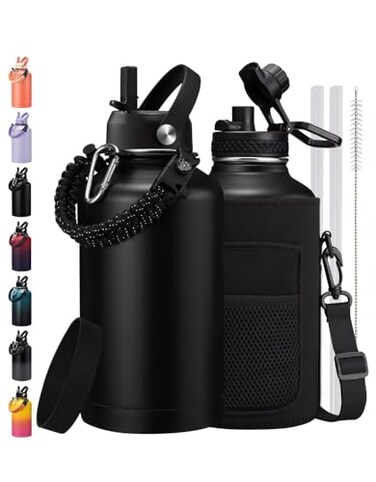 ICIOI 12 Gallon Water Bottle Insulated Keep Cold 48H with Carrier Pouch Straw Auto Spout Lid Paracord Handle Protective Boot 64oz Water Jug Half Gallon Stainless Steel Flask Set