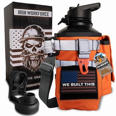 Iron Infidel Workforce Water Bottle 64 oz Insulated Stainless Steel Half Gallon Vacuum Water Jug Paracord Handle Removable Sleeve Large Thermal Flask Hiking Camping Workouts Orange