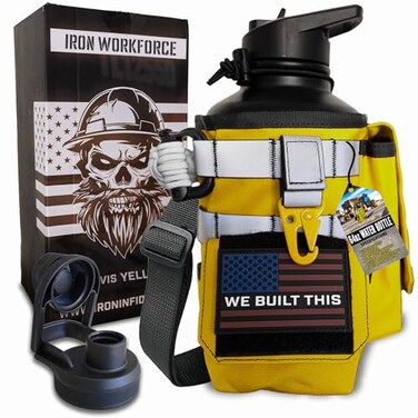 Iron Infidel Workforce Water Bottle 64 oz Insulated Stainless Steel Half Gallon Vacuum Water Jug Paracord Handle Removable Sleeve Large Thermal Flask Hiking Camping Workouts Yellow