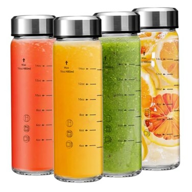 Olivego 16oz Juice Bottles 4 Pack Wide Mouth Glass Bottles with Lids BPA Free Stainless Steel Lids for Juicing Smoothies Infused Water Beverage Storage Leakproof Borosilicate Clear
