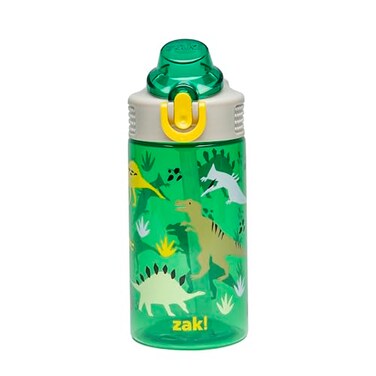 Zak Designs Sage Kids Water Bottle For School Travel or At Home 16oz Durable Plastic Water Bottle With Straw Handle and LeakProof PopUp Spout Cover Dino