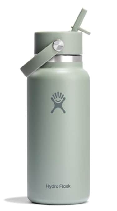 Hydro Flask Water Bottle Insulated Stainless Steel Wide Mouth Flex Straw Lid Non Spill Leakproof and Refillable in 32 Oz Tonal Agave