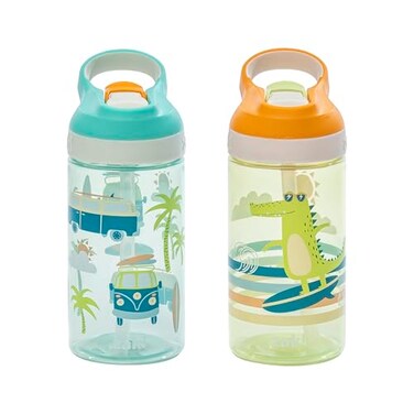 Zak Designs Atlantic Kids Water Bottle For School or Travel 16oz Durable Plastic Water Bottle With Straw Handle and LeakProof PopUp Spout Cover 2Pack Surf Boards and Palm Trees
