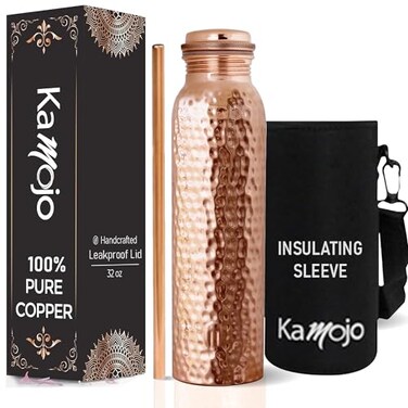 Kamojo Copper Water Bottle for Drinking Hammered Pure Copper Removable Insulating Sleeve Straw Leak Prooff Lid Handcrafted Ayurvedic Cup for Water 32 fl oz
