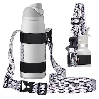 HEYSKAY Water Bottle Holder with Strap Water Bottle Sling with Adjustable Shoulder Strap and Carabiner for Owala FreeSip 2440oz Hydro Flask and Universal Water BottlesBlackWhite Grid