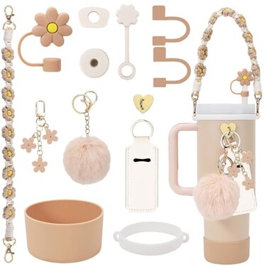 3tyto 13 Pcs Stanley Cup Accessories Set Including Water Bottle Handle Strap Siliocne Stanley Cup Boot Siliocne Straw Cover Stanley Charms for 40oz 30oz Tumbler Almond Rose