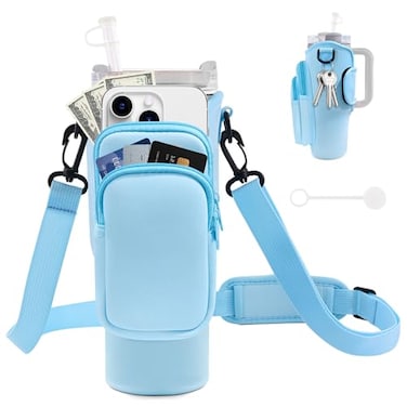 JEBEALUO Water Bottle Carrier Bag with Phone Pocket for Stanley Cup 4030 oz Water Bottle Holder with Adjustable Strap Straw Cover Stanley Cup Accessories Blue