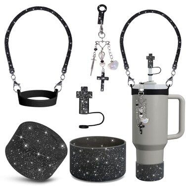 VirgoCCY 5PCS Stanley Cup Accessories Set 3040 Oz Includes 1 Glitter Straw Covers 1 Glitter Handle Strap 1 Straw Adapters Charm Blank with 1 Cross Charms and 1 Glitter Silicone Boot Black