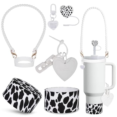 VirgoCCY 5PCS Stanley Cup Accessories Set 3040 Oz Includes 1pcs 04in Straw Covers 1 Water Bottle Handle Strap 2 Cute Love Heart Chain Hanging Charms 1 Cow Silicone Boot White Cow