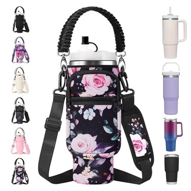AceTreker Water Bottle Carrier Bag with Paracord Handle for Stanley 30 oz Tumbler Neoprene Insulated Mug Sleeve Sling with 2 Pockets Adjustable Strap Straw Cap for Stanley Cup AccessoriesBlack Flower