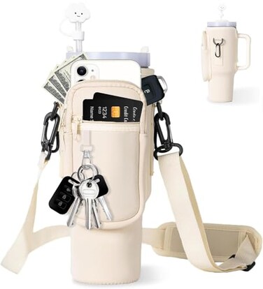 dabria Water Bottle Carrier Bag with Phone Pocket for Stanley 4030 oz Tumbler Neoprene Water Bottle Holder Pouch with Adjustable Strap Bollus with Straw Cover for Stanley Cup Accessories