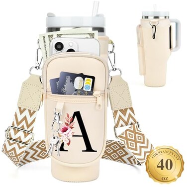 LOKASS Personalized Water Bottle Holder with Strap for Stanley Cup Accessories 40 oz Initial Stanley Cup Holder Carrier Bag with Phone Pocket Stylish Tumbler Accessories for Everyday Carry Beige A