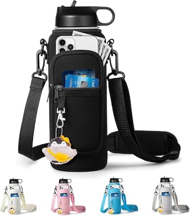 RRegeny Water Bottle Holder with Strap for Hydroflask 32oz 40oz Carrier Sling Bag with Phone Pocket Sleeve for Men Women Hiking Camping Travellingblack 40oz