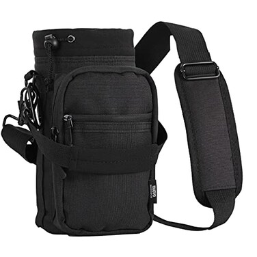 Nuovoware Water Bottle Carrier 40oz Bottle Carrier Sports Water Bottle Holder with Adjustable Shoulder Strap 2 Pockets Flask Sling Bag Drawstring Pouch for Climbing Hiking Walking Carbon Black