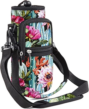 WINTOJO Water Bottle Carrier Bag Holder 25oz 32oz 40oz 64oz Insulated Water Bottle Sling Sleeve Case Cover with Strap Pockets cactus 32oz