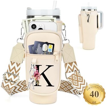 LOKASS Personalized Water Bottle Holder with Strap for Stanley Cup Accessories 40 oz Initial Stanley Cup Holder Carrier Bag with Phone Pocket Stylish Tumbler Accessories for Everyday Carry Beige K