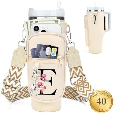 LOKASS Personalized Water Bottle Holder with Strap for Stanley Cup Accessories 40 oz Initial Stanley Cup Holder Carrier Bag with Phone Pocket Stylish Tumbler Accessories for Everyday Carry Beige E
