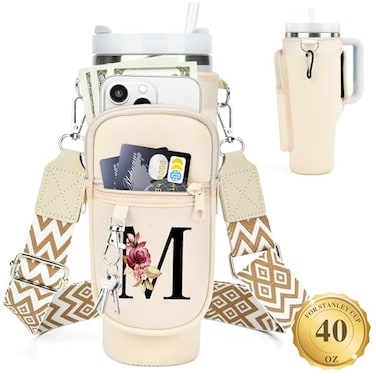 LOKASS Personalized Water Bottle Holder with Strap for Stanley Cup Accessories 40 oz Initial Stanley Cup Holder Carrier Bag with Phone Pocket Stylish Tumbler Accessories for Everyday Carry Beige M
