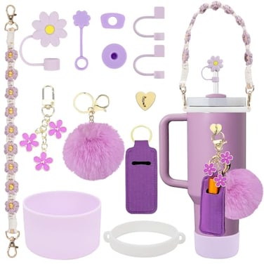 3tyto 13 Pcs Stanley Cup Accessories Set Including Water Bottle Handle Strap Siliocne Stanley Cup Boot Siliocne Straw Cover Stanley Charms for Stanley Cup 40oz 30oz Tumbler Purple