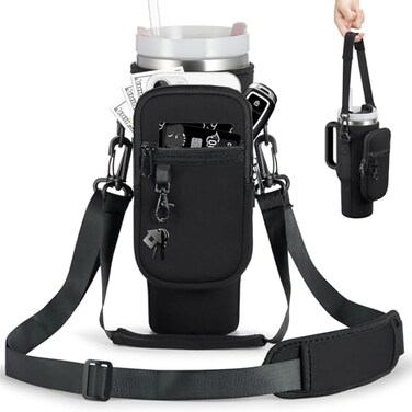 BULKITEM Water Bottle Carrier Bag with Phone Pocket for Black Stanley 40 oz Tumbler with Handle Black Insulated Neoprene Cup Holder Pouch Strap for Valentines Stanley Cup Accessories