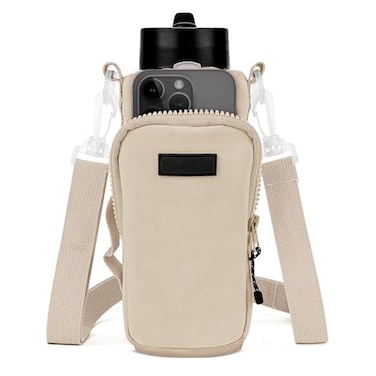 Linkidea Water Bottle Carrier with Strap Compatible with YETI Rambler Bottle 18oz26oz Owala FreeSip 24oz32oz Waterbottle Sling Bag Holder Shoulder Strap with Phone Pocket Beige
