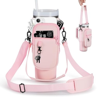 BULKITEM 30oz Water Bottle Carrier Bag with Phone Pocket for Pink Stanley 30 oz Tumbler with Handle Neoprene Water Cup Holder Pouch with Strap for Valentines Stanley Cup Accessories