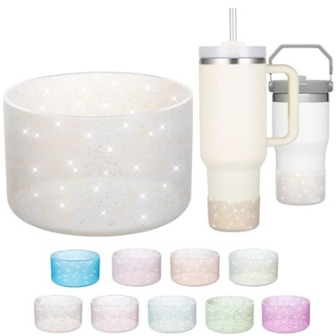 Onlymory Silicone Boot for 30 40 OZ Stanley Cup Accessories Glitter Boots for Stanley 20OZ 30OZ Tumbler IceFlow 16OZ Bottle AntiSlip Bling Protector Bottom Cover Sleeve Ash Gray Sparkle Gold