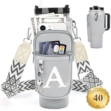 LOKASS Personalized Water Bottle Holder with Strap for Stanley Cup Accessories 40 oz Initial for Stanley Cup Holder Carrier Bag with Phone Pocket Everyday Carry Tumbler Accessories Gray