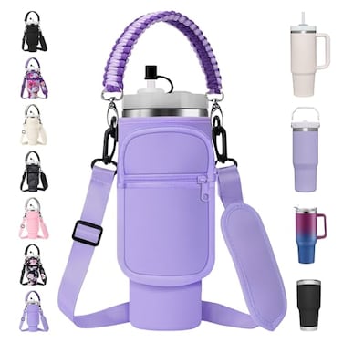 AceTreker Water Bottle Sling Bag with Paracord Handle for Stanley 3040 oz Tumbler Neoprene Insulated Cup Sleeve with 2 Pockets Adjustable Strap Straw Cap for Stanley Cup AccessoriesPurple