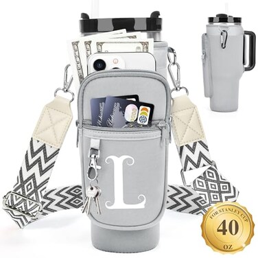 LOKASS Personalized Water Bottle Holder with Strap for Stanley Cup Accessories 40 oz Initial for Stanley Cup Holder Carrier Bag with Phone Pocket Everyday Carry Tumbler Accessories Gray