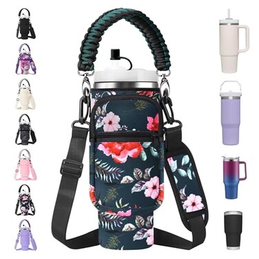 AceTreker Carrier Bag with Phone Pocket for Stanley 3040 oz Tumbler with Handle Water Bottle Sling Holder for Stanley Cup Accessories with Adjustable Shoulder Straw CapWild Rose