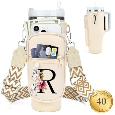 LOKASS Personalized Water Bottle Holder with Strap for Stanley Cup Accessories 40 oz Initial Stanley Cup Holder Carrier Bag with Phone Pocket Stylish Tumbler Accessories for Everyday Carry Beige R