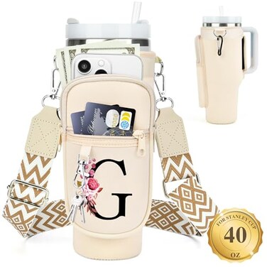 LOKASS Personalized Water Bottle Holder with Strap for Stanley Cup Accessories 40 oz Initial Stanley Cup Holder Carrier Bag with Phone Pocket Stylish Tumbler Accessories for Everyday Carry Beige G