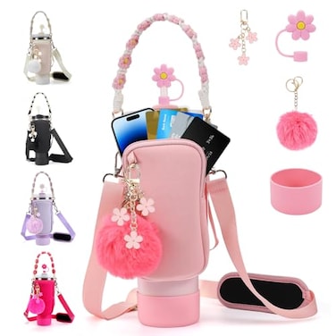 3tyto Stanley Cup Accessories Set Including Water Bottle Carrier BagWater Bottle Holder with StrapStraw CoverStanleys CharmsSilicone Boot for Stanley 40oz 30oz Tumbler Pink