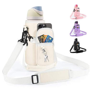 Icesip Water Bottle Carrier Bag with Strap for Owala FreeSip 32oz with Detachable Phone Pocket for Owala Accessories 32oz Water Bottle Sleeve for Walking Camping Gym Off White