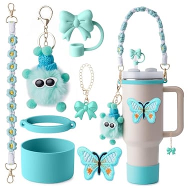 JINHCHIF Stanley Cup Accessories Set I Water Bottle Handle Strap Silicone Cup Boot Butterfly Sticker Keychain Charms Handle CharmsBow Straw Topper Accessories for Stanley Cup 40oz30oz