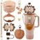 SEMATA Bling Accessories for Stanley Cup 40oz 30oz Tumbler including Silicone Cute Bow Straw Topper Cover Silicone Boot for Stanley CupLeather Water Bottle Handle Strap CharmsBrown