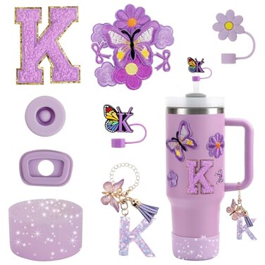 3tyto 15PCS Cup Accessories Set for Stanley Cup 30oz 40oz Tumbler with Handle Including Silicone Straw Cover and Boot Spill Proof Stopper Stanley Charms Handle Charm Initials Sticker Purple Letter K