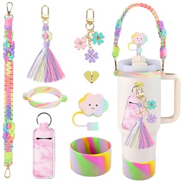 KIKIIKE Stanley Cup Accessories iridescent 8pcs Set Including Water Bottle Handle StrapSilicone Cup Boot Straw CoverStanley Charms for 30oz40oz Tumbler Colorful