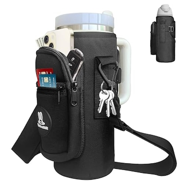 Sports rabbit Water Bottle Holder with Strap Universal Fit for 40oz Bottles Compatible with Stanley Owala Hydro Flask Large Pocket Adjustable Crossbody Strap for Gym Office Outdoor Black