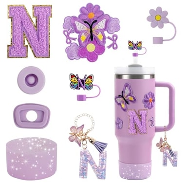 3tyto 15PCS Cup Accessories Set for Stanley Cup 30oz 40oz Tumbler with Handle Including Silicone Straw Cover and Boot Spill Proof Stopper Stanley Charms Handle Charm Initials Sticker Letter N Purple