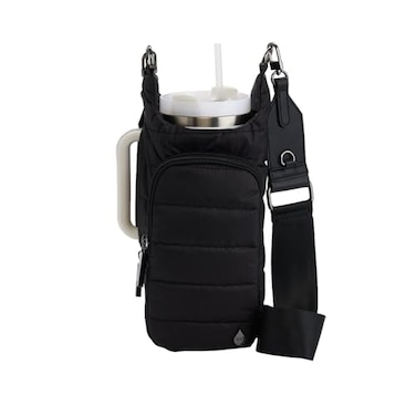 WanderFull Original HydroBag HANDLE Zipper for Handle 40 oz Water Bottle Holder wStrap Mothers Day Gift Crossbody Carrier Bag wPhone Pocket Black Matte wVegan Leather Trimmed Strap