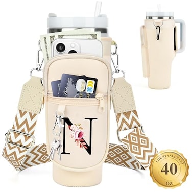 LOKASS Personalized Water Bottle Holder with Strap for Stanley Cup Accessories 40 oz Initial Stanley Cup Holder Carrier Bag with Phone Pocket Stylish Tumbler Accessories for Everyday Carry Beige N