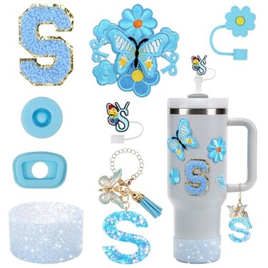 3tyto 15PCS Cup Accessories Set for Stanley Cup 30oz 40oz Tumbler with Handle Including Silicone Straw Cover and Boot Spill Proof Stopper Stanley Charms Handle Charm Initials Sticker Letter S Blue