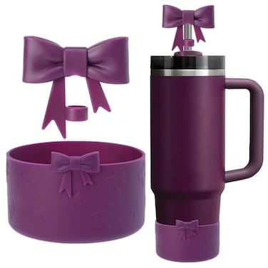 Oddyami Cup Accessories Set for StanleyIncluding 1Pcs Cute Bow Straw Cover Caps 10mm Reusable Straw Toppers1Pcs Silicone Boot Sleeve for Stanley Quencher H20 Tumbler with Handle 3040oz Plum