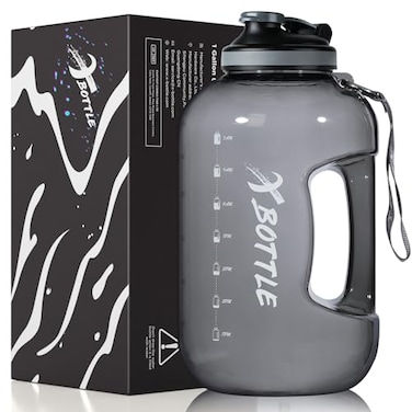 XBOTTLE 1 Gallon BPA Free Dishwasher Safe 128oz Large Water Bottle with Motivational Time Marker and Handle Leakproof Big Black Water Jug for Camping Sports Workouts Chug Lid