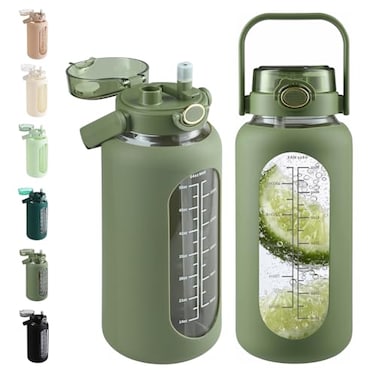 SIEROZUR 64 oz Glass Water Bottle with 2in1 Straw Lid Large Half Gallon Water Bottle with Time Marker Removable Silicone SleeveWide Mouth BPAFree Borosilicate Bottle for Gym Workout Daily Use